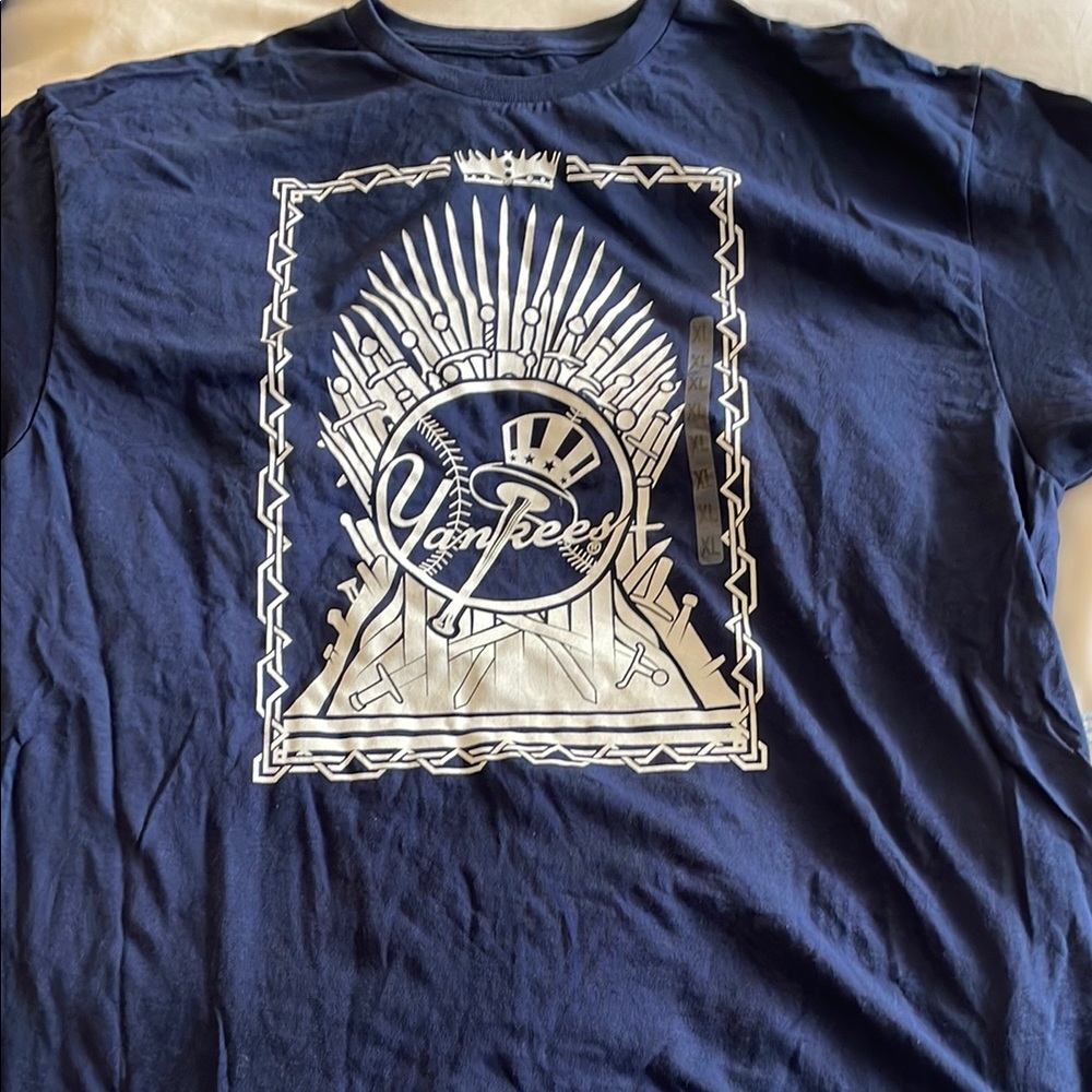 Blue and White Short Sleeve Tee with Retro Graphic